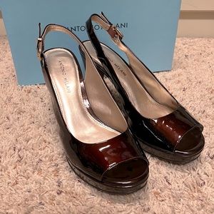 Antonio Melani brown patent leather slings/pumps, size 8.5 M